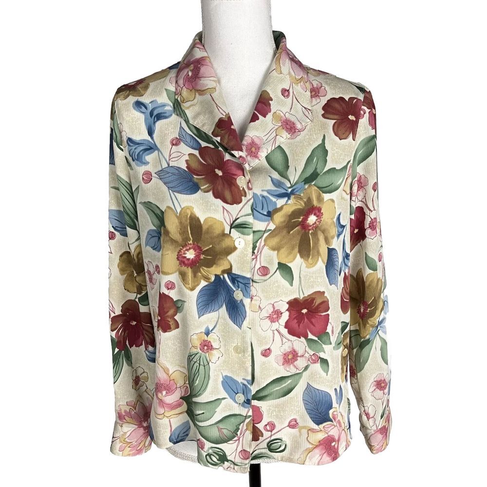 Alfred Dunner Floral Shirt Blouse Size 10P Floral Long‎ Sleeve Pad Shoulder